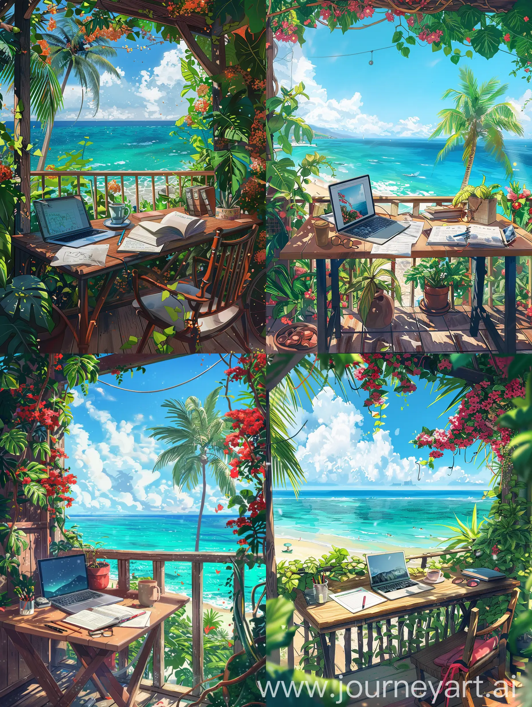 A cozy outdoor workspace on a balcony overlooking the ocean. The wooden table holds an open laptop, papers, books, a cup of coffee, a pen, and a potted plant. The balcony is adorned with vibrant flowering vines, and the background features tropical palm trees and a clear view of the blue sea and sky, aesthetic weather, frame is filled with elements, anime style art, aesthetic anime art, studio ghibli styled, studio ghibli aesthetic art