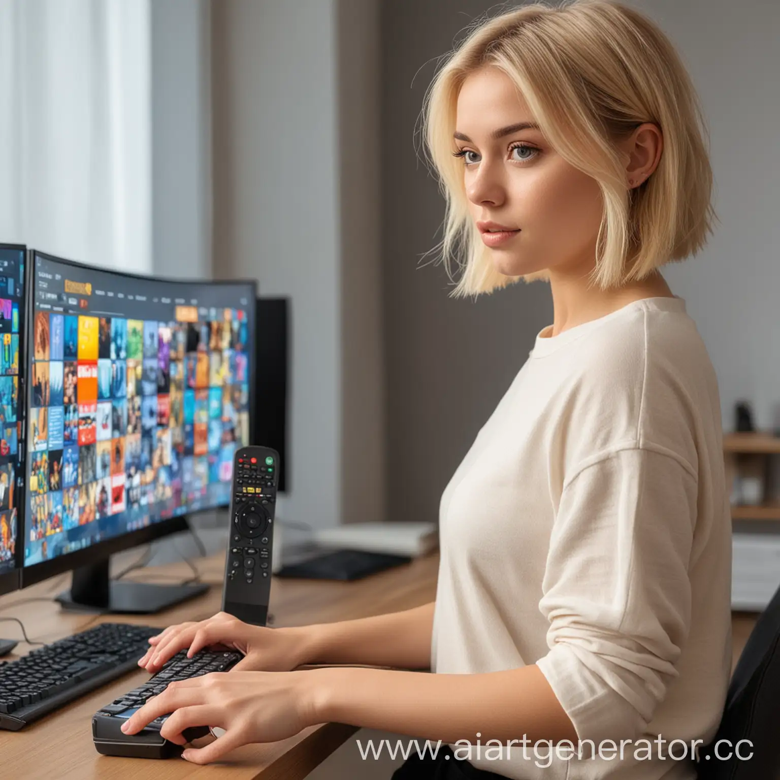 Blonde-Girl-with-Remote-Control-at-Desktop-Computer