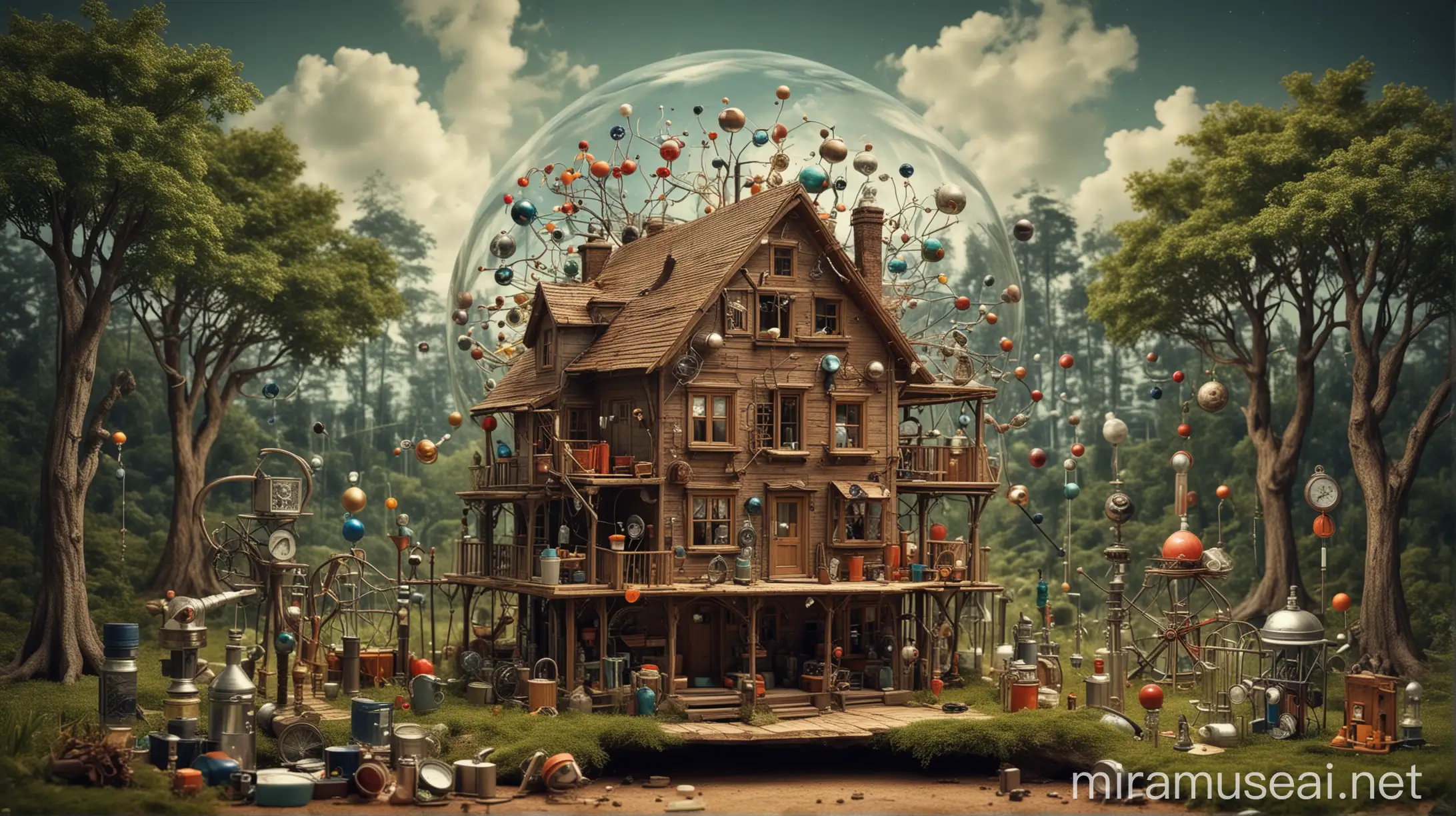 Surreal Atomized World Humans Tools Houses and Trees Composed of Atoms