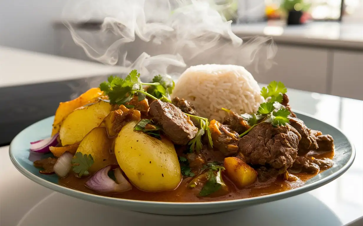 A plate of steaming potato curry with beef and rice, and some ingredients, against the backdrop of a bright kitchen island, perfect timing, very real light and texture, a work of food photography.