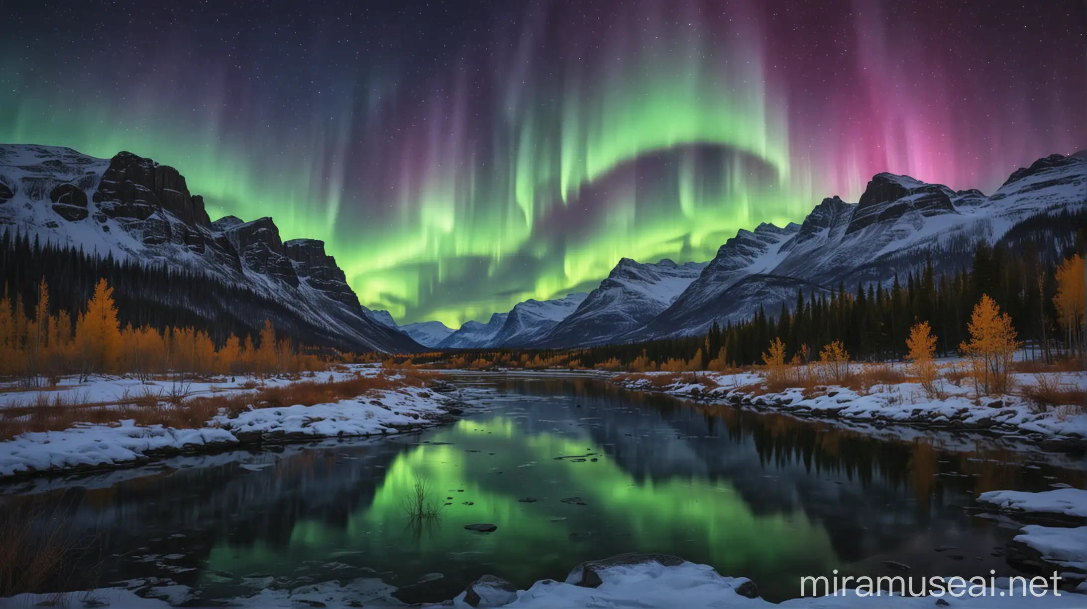 Mesmerizing Aurora Borealis Over Vibrant River and Tranquil Skies