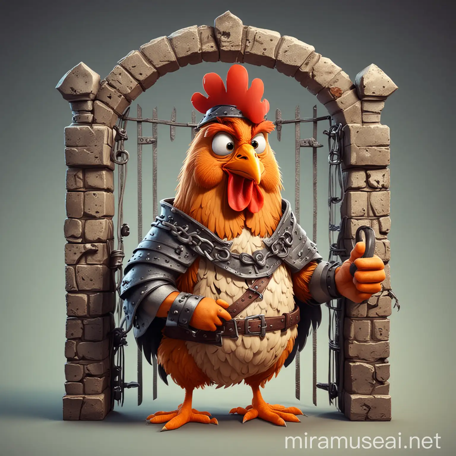 Medieval Cartoon Chicken Prisoner Comical Incarceration Scene