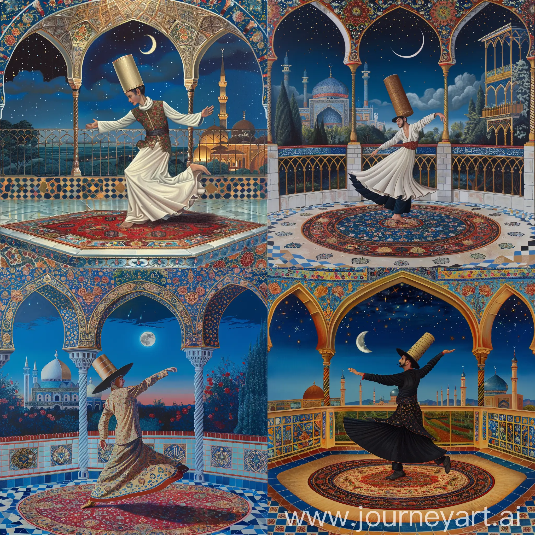 A young British dervish wearing tall cylindrical hat performing sufi whirling sema dance on a persian carpet, inside an octagonal balcony having three arches decorated with persian floral motifs, serene night sky with a cresent moon, view of Persian tiled mosque, White blue red golden composition --sref https://shorturl.at/f5t49 --sw 999 --ar 2:3 --v 6 --q 1