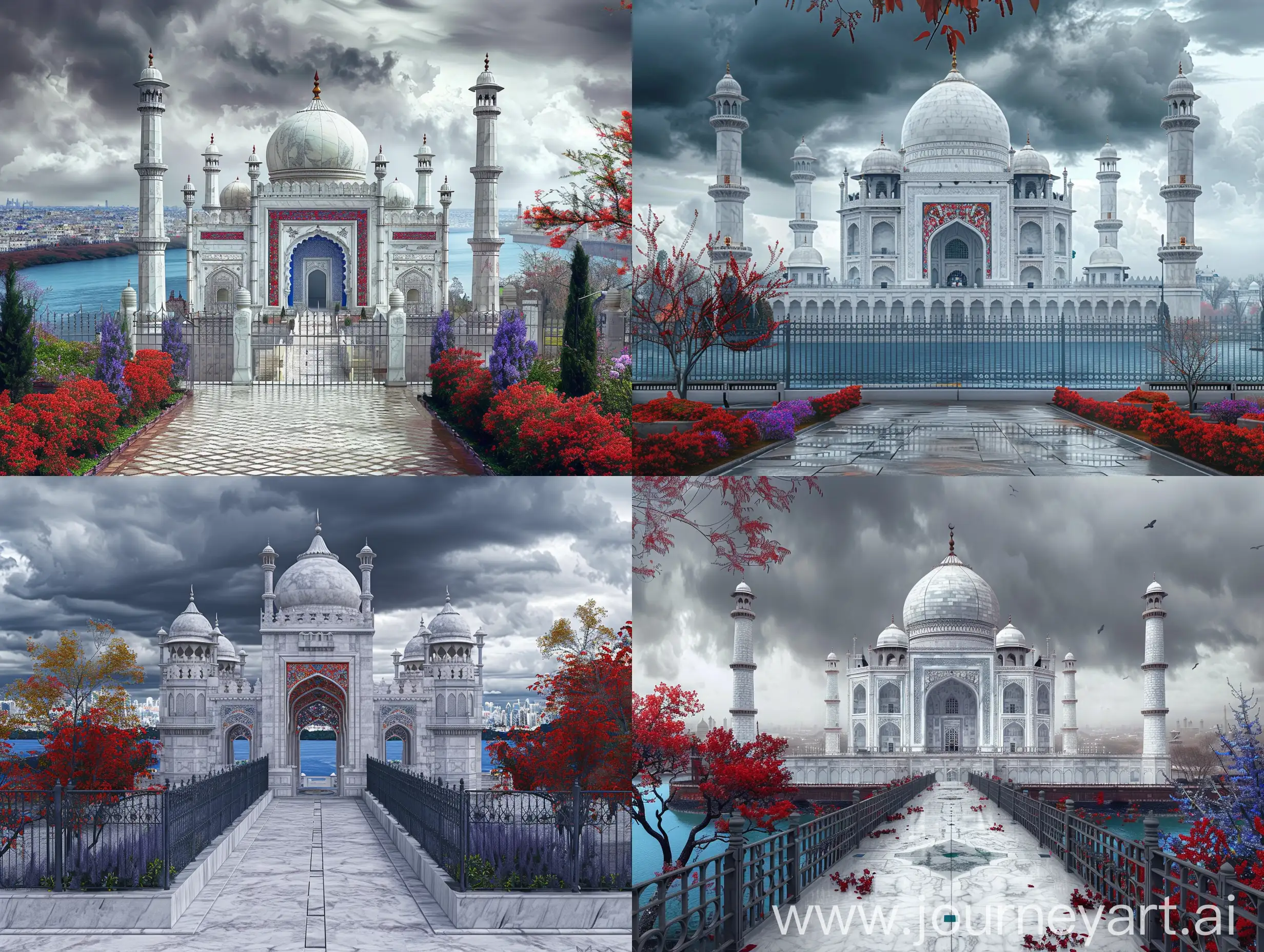 A beautiful white marbled mughal castle mosque having red blue Pietra dura decorations on exterior facades, in a city of white marbled mughal castles, the city lies beyond a blue river, fenced, dark gray cloudy weather, lavender red flowers and trees, straight on front view perspective --sref https://cdn.discordapp.com/attachments/1213041174428782623/1223222044104069191/IMG_20240326_220808.png?ex=664d248d&is=664bd30d&hm=d1fe2bb02f71536d0a4ef8a63d5af0b5c507c4372e360df8f4f782bf65e181c7& --sw 1000