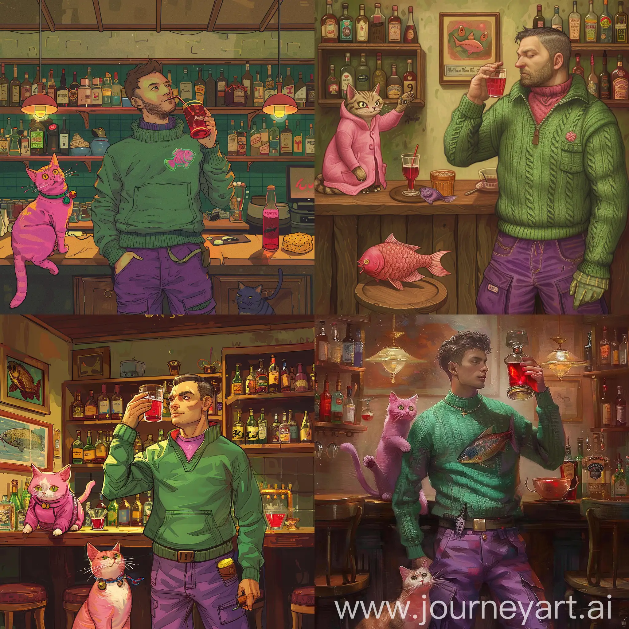 A man with a cat the clothes cat are pink fish and kitti the clothes man are  green sweater and purple cargo and the man drinka a alkol the color alkol is red in the bar