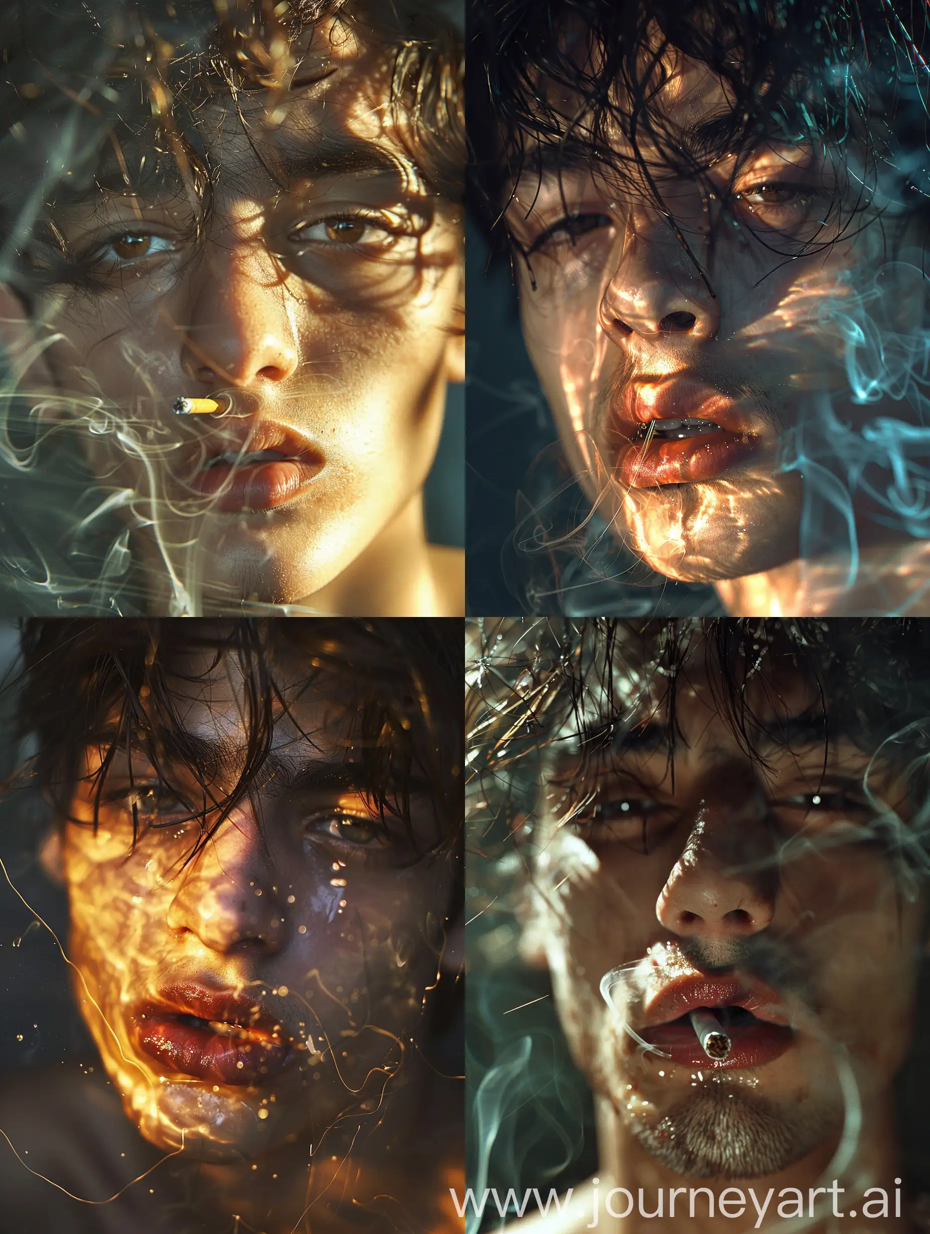 Portrait of a very handsome 16-year-old Iranian young man, focus on very beautiful eyes and lips, ethereal lighting, strands of hair on the face have the effect of lighting - cigarettes, the cigarette smoke is dramatic in the light