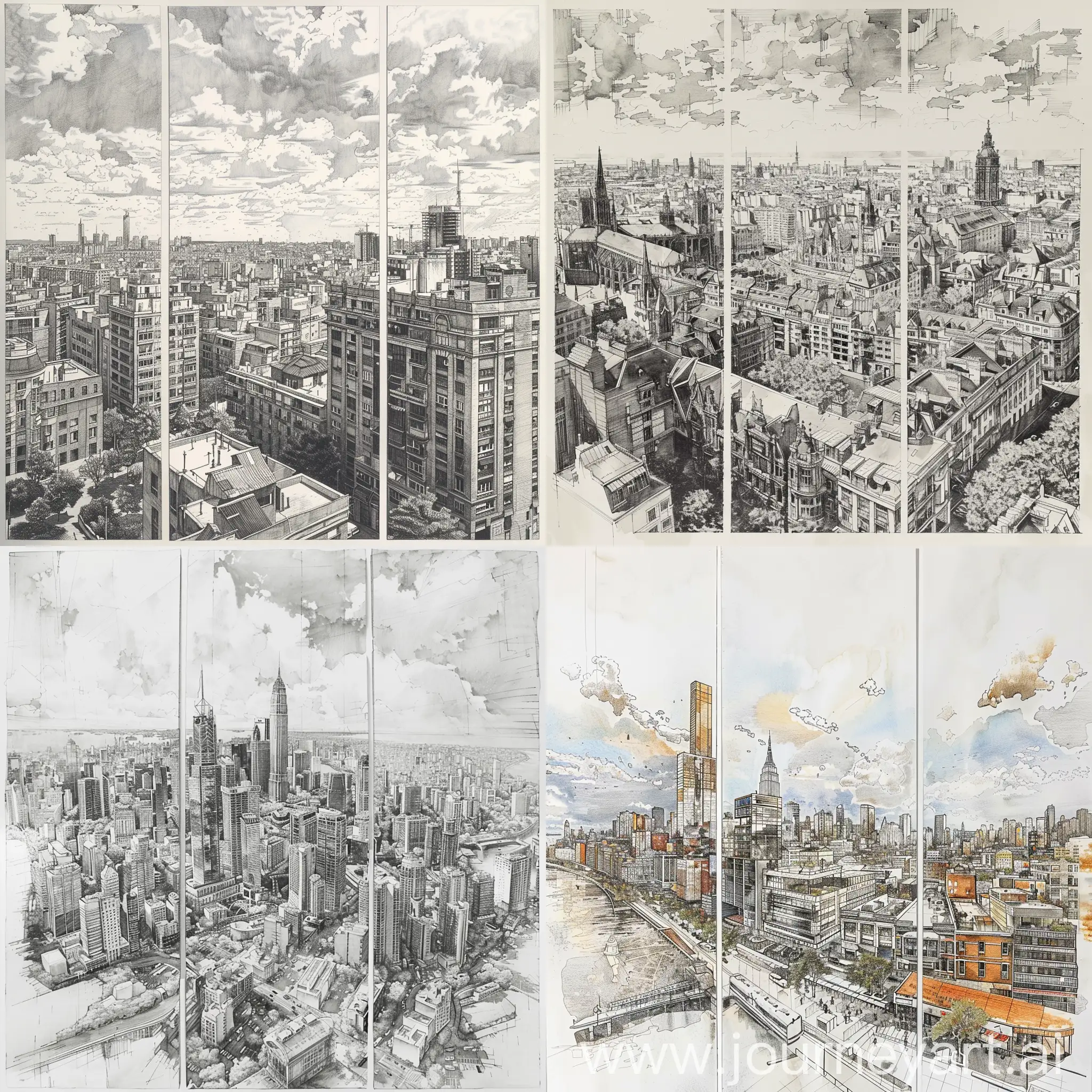 winner of the international award for architectural drawing, architectural drawing of a city panorama - triptych.