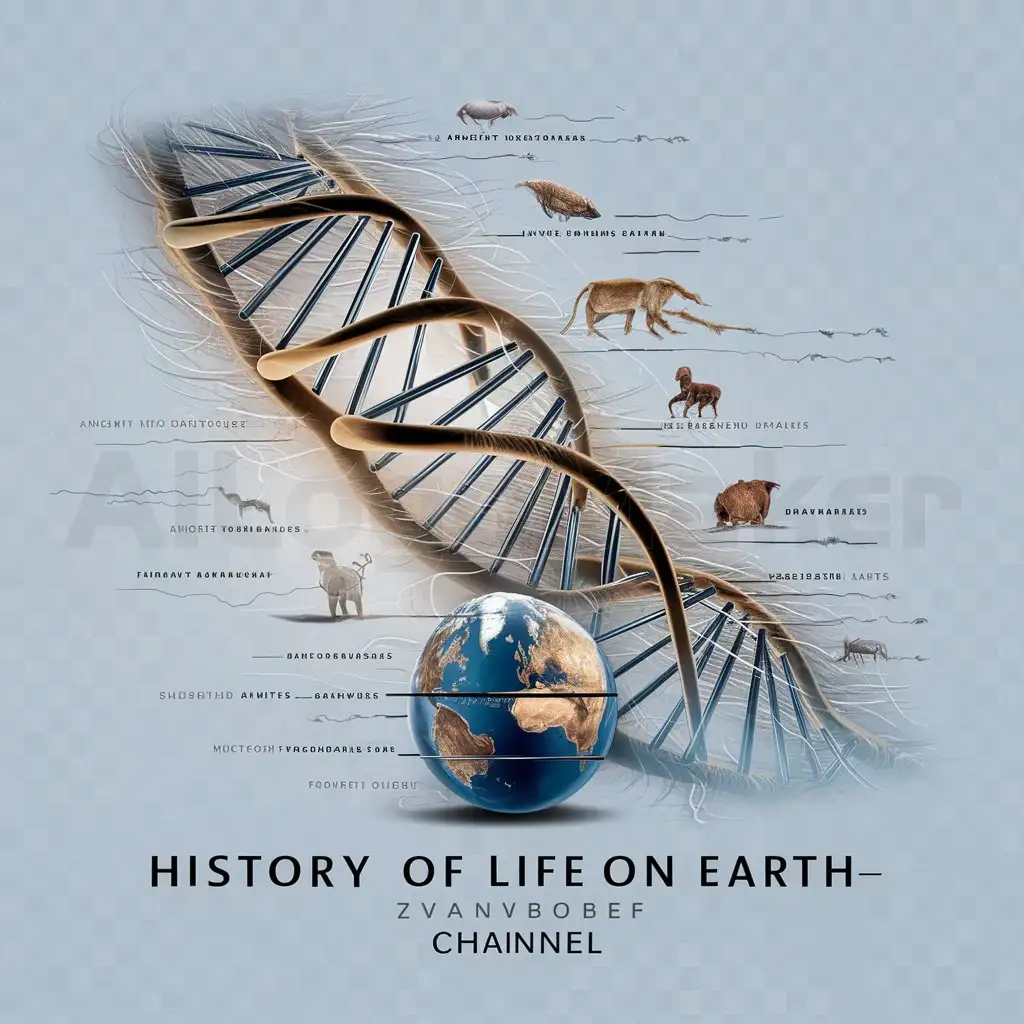 a logo design,with the text "History of Life on Earth", main symbol: Logo for the "History of Life on Earth" channel can be inspired by the evolutionary process and diversity of life on Earth. Here's a possible description: The logo represents a dynamic image symbolizing the evolution of life on Earth. Against the backdrop of the Earth globe or a DNA symbol, different stages of development of living organisms can be depicted: from ancient microorganisms to the modern diversity of animals and plants. Lines and shapes, gradually transforming into each other, reflect the continuous and dynamic character of evolution.,Moderate,clear background