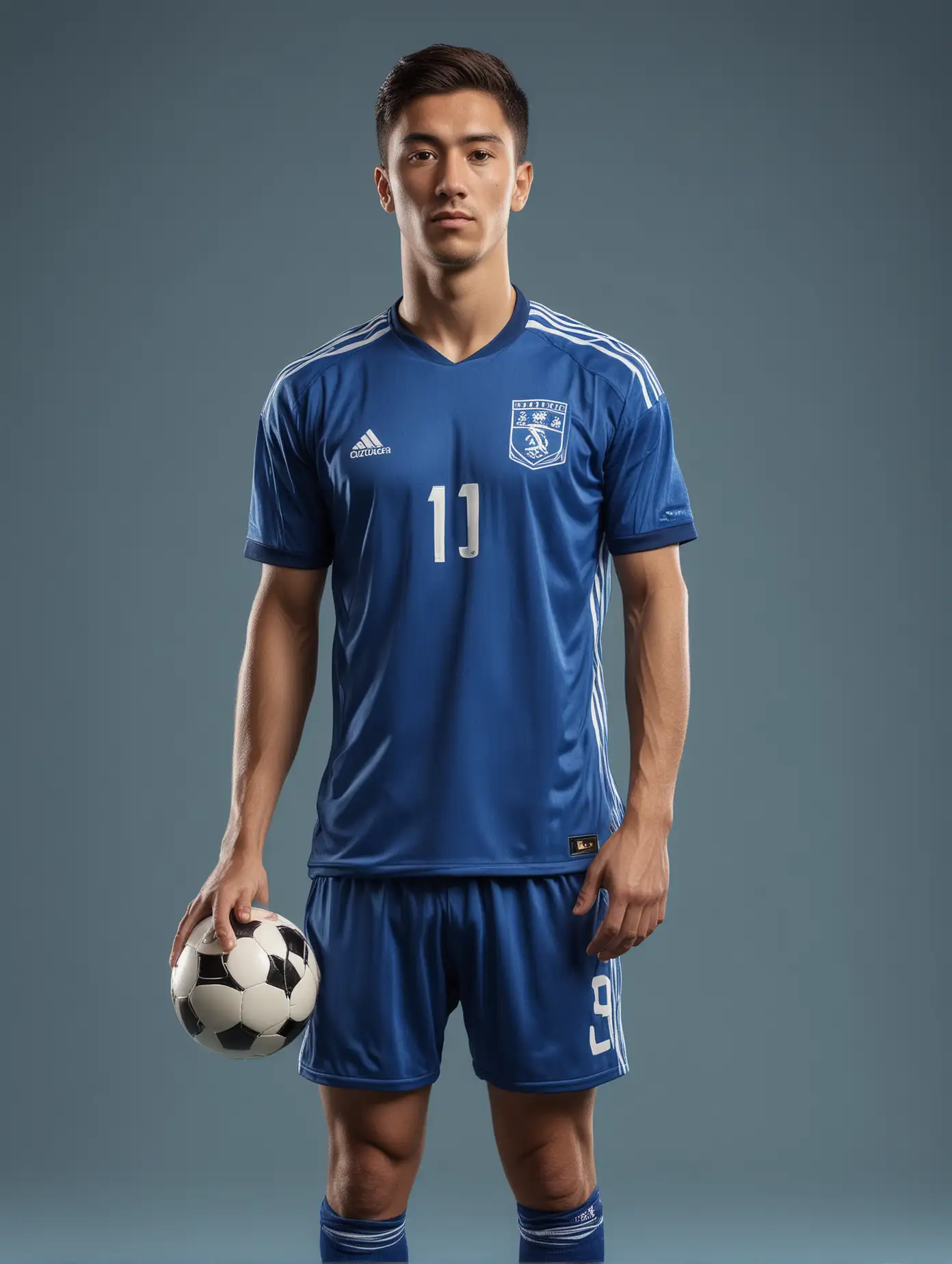 C罗足球员，半身，穿着蓝色足球衣，单色的背景，逼真，4k高清，