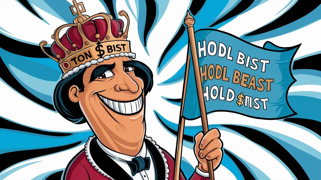 Curate the best description of a cartoon of Mr Beast the youtuber with a long neck, smiling with teeth seen and a crown writen TON $BIST
  
Add HODL BIST HODL BEAST HOLD $BIST And use a sky-blue, white and black color in the picture. Make it more attractive 