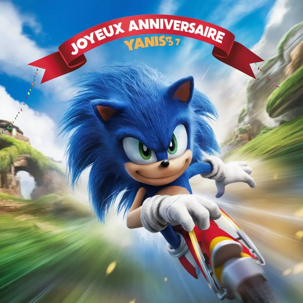 image de super sonic, avec le texte de JOYEUX ANNIVERSAIRE à YANIS, pour ses 7 ANS fond avec ciel bleu image et verdure