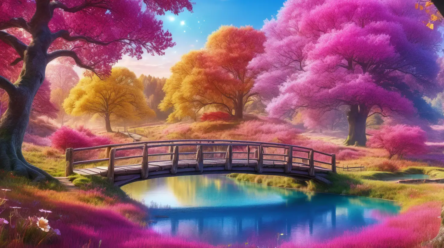 Autumn covered forest with green and Blue and red. Pink and Red luminescent water and golden luminescent grass in the daytime autumn oak trees and magical flowers with a magical golden glowing forest with a pond in the meadow. With a wooden bridge to another world and pumpkins. Massive magenta-blue-gold planet in the sky.
