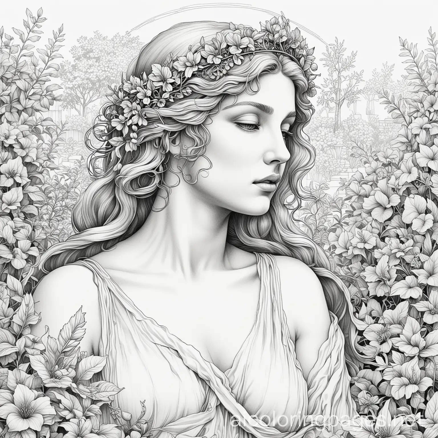 Outline Greek goddess in a luscious garden , Coloring Page, black and white, line art, white background, Simplicity, Ample White Space. The background of the coloring page is plain white to make it easy for young children to color within the lines. The outlines of all the subjects are easy to distinguish, making it simple for kids to color without too much difficulty