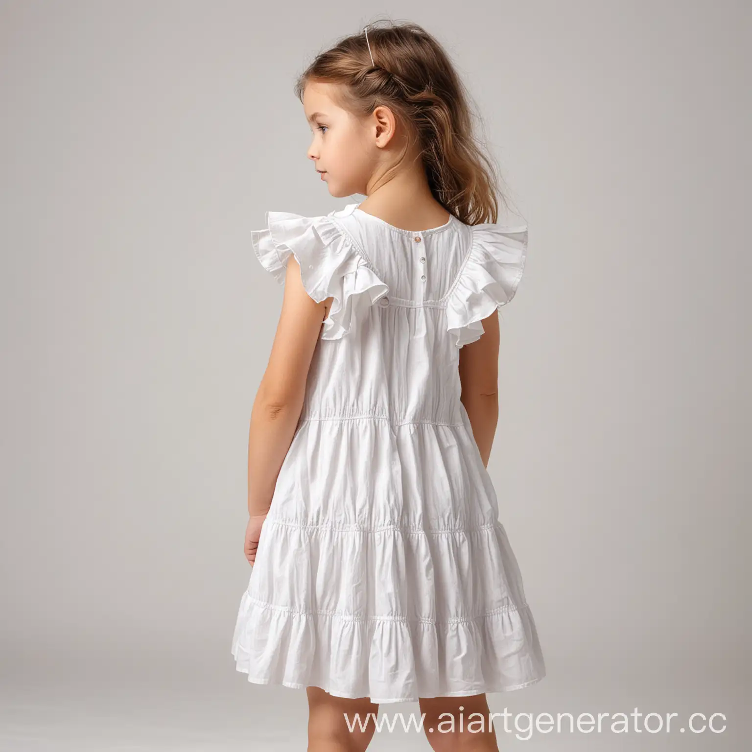 девочка в белом летнем платье с рюшами на белом фоне спиной