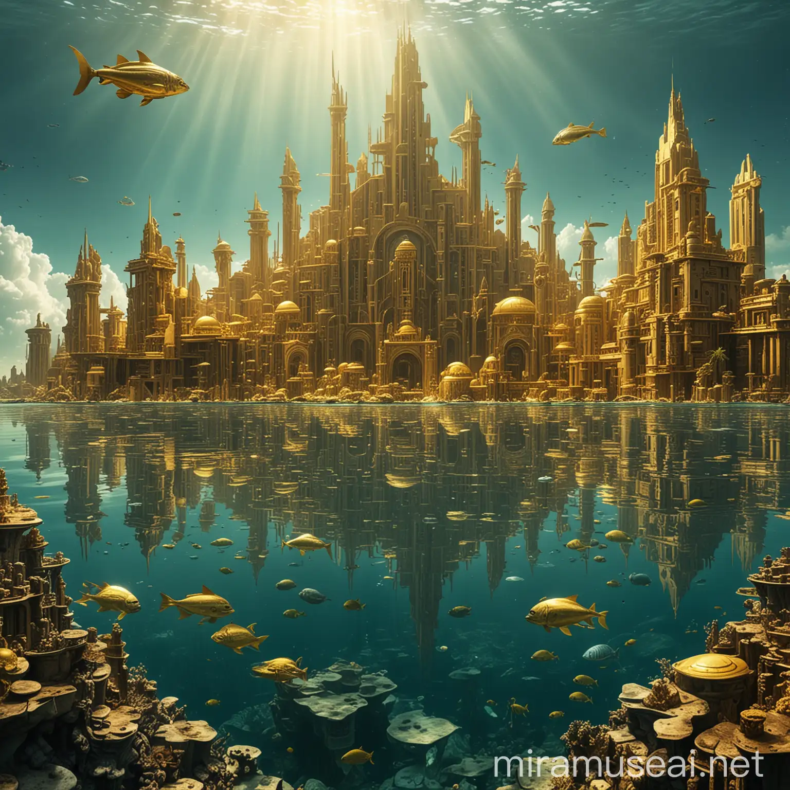 The golden underwater city of Atlantis is submerged underwater. It is well outlined and stands out against the water. The city features futuristic buildings of yellow-gold color. The image is highly detailed.
