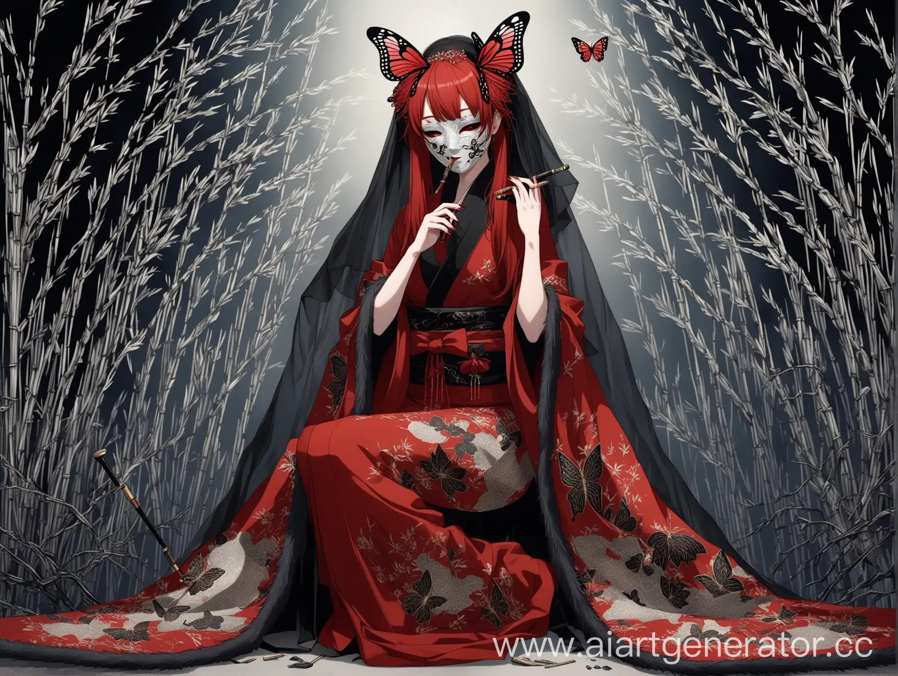 Elegant-Anime-Girl-with-Red-Hair-and-Butterfly-Clips-in-Black-Veil-and-Kimono