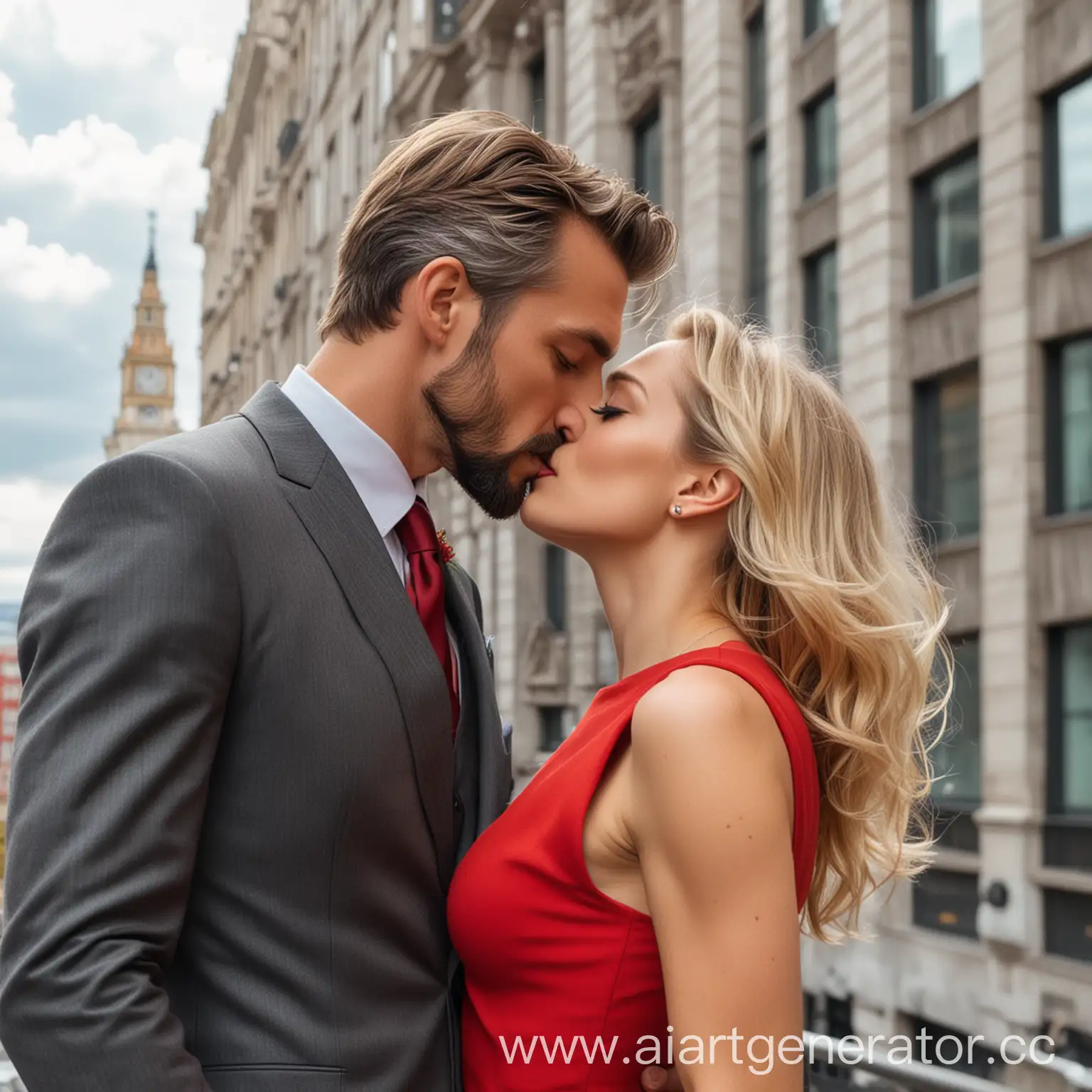 мужина, с каштановыми волосами и короткой  слегка седой бородой в строгом тёмно-сером костюме целует девушку блондинку с уложенными волосами в красном обтягивающем платье на фоне высотного здания
