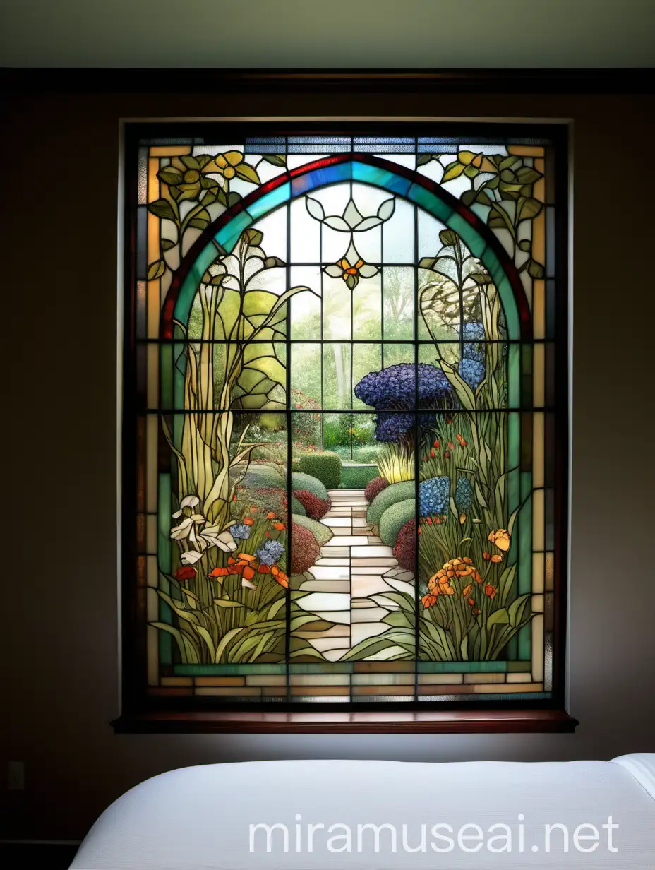 витраж тиффани на окне в спальне из цветного стекла тиффани с изображением в саду 