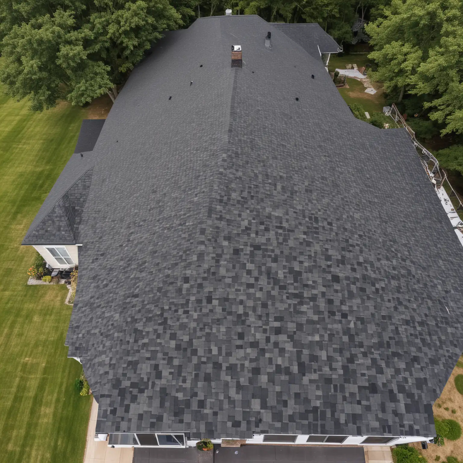 Drone footage shot of a newly installed shingle roof, shot from above so you can see the whole house. The house is approximately 6500 sq ft