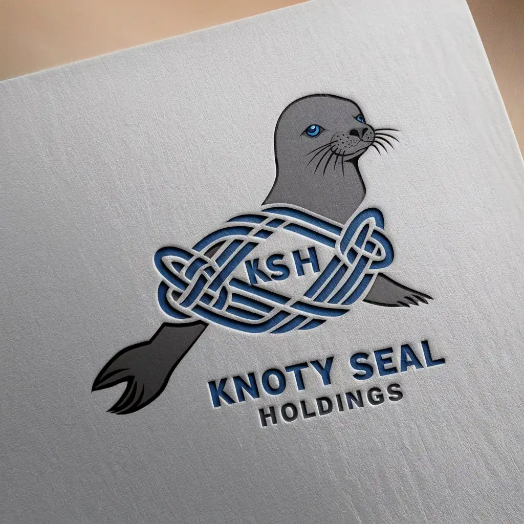 Create a logo for a agency named 'Knotty Seal Holdings' with the slogan 'L.L.C'. The logo should have a seal animal and a Celtic knot. The color scheme should be blue/gray and suitable for a white background. The design needs to be simple yet professional.