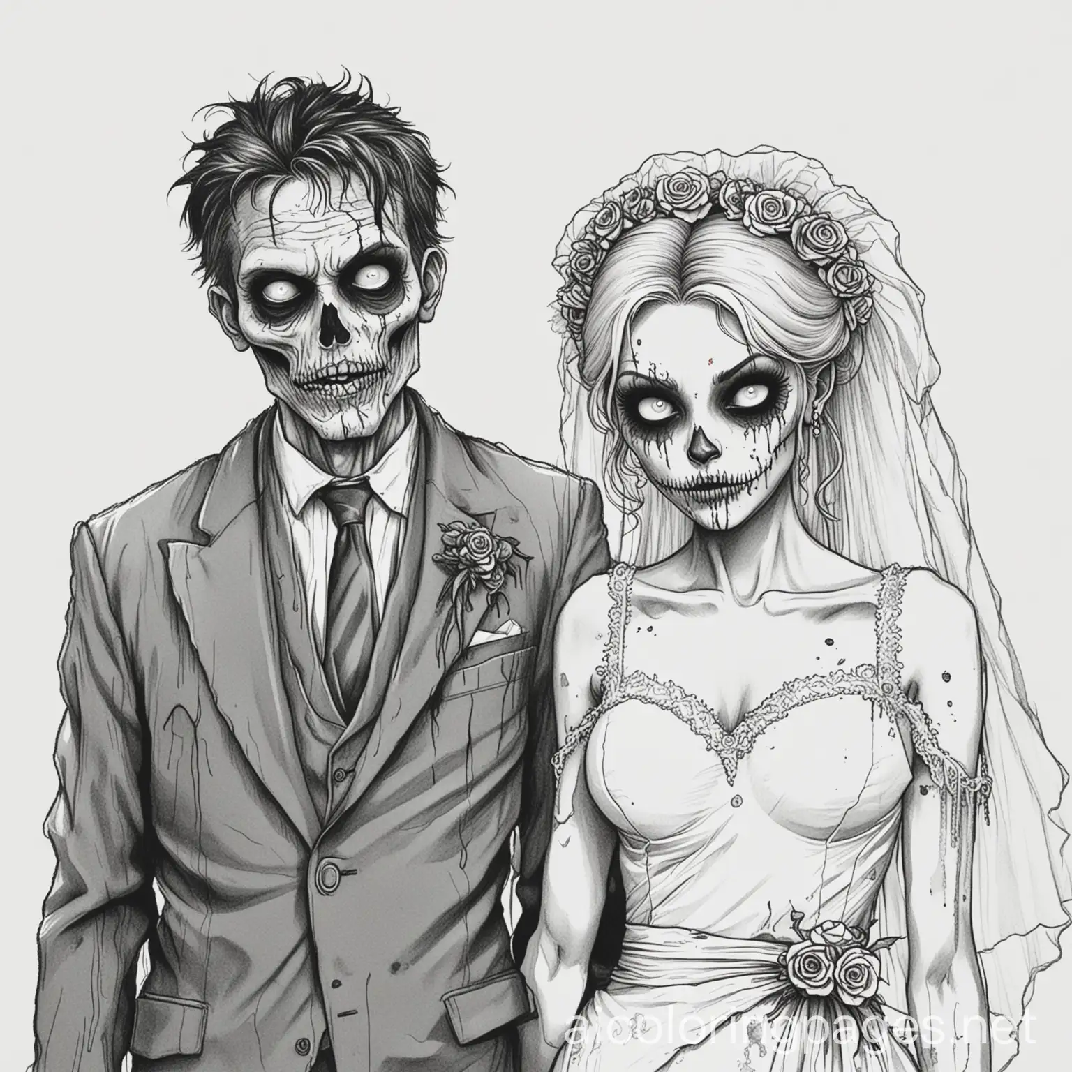 zombie bride and groom, Coloring Page, black and white, line art, white background, Simplicity, Ample White Space