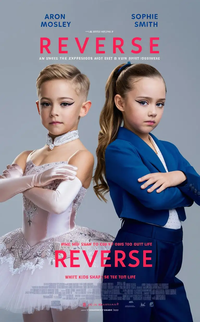 ((Gender role-reversal)), movie poster Photograph a white skinned brother and sister, a cute boy with short smart hair age 8, and a cute girl with long hair in a ponytail age 9, the boy is dressed up in a ‘Swan Lake’-elegant white ballerina dress with long silky gloves and a neckband and black eyeliner and makeup, the girl is wearing a blue blazer and trousers suit, the children are dancing together with serious facial expressions, the boy actor is labelled as “Aron Mosley”, the girl actress is labelled as “Sophie Smith”, the poster’s movie title is “Reverse”, the tagline is “when kids swap to get the best out of life”, adorable, perfect faces, perfect faces, clear faces, perfect eyes, perfect noses, smooth skin, bold, stunning, cinematic
