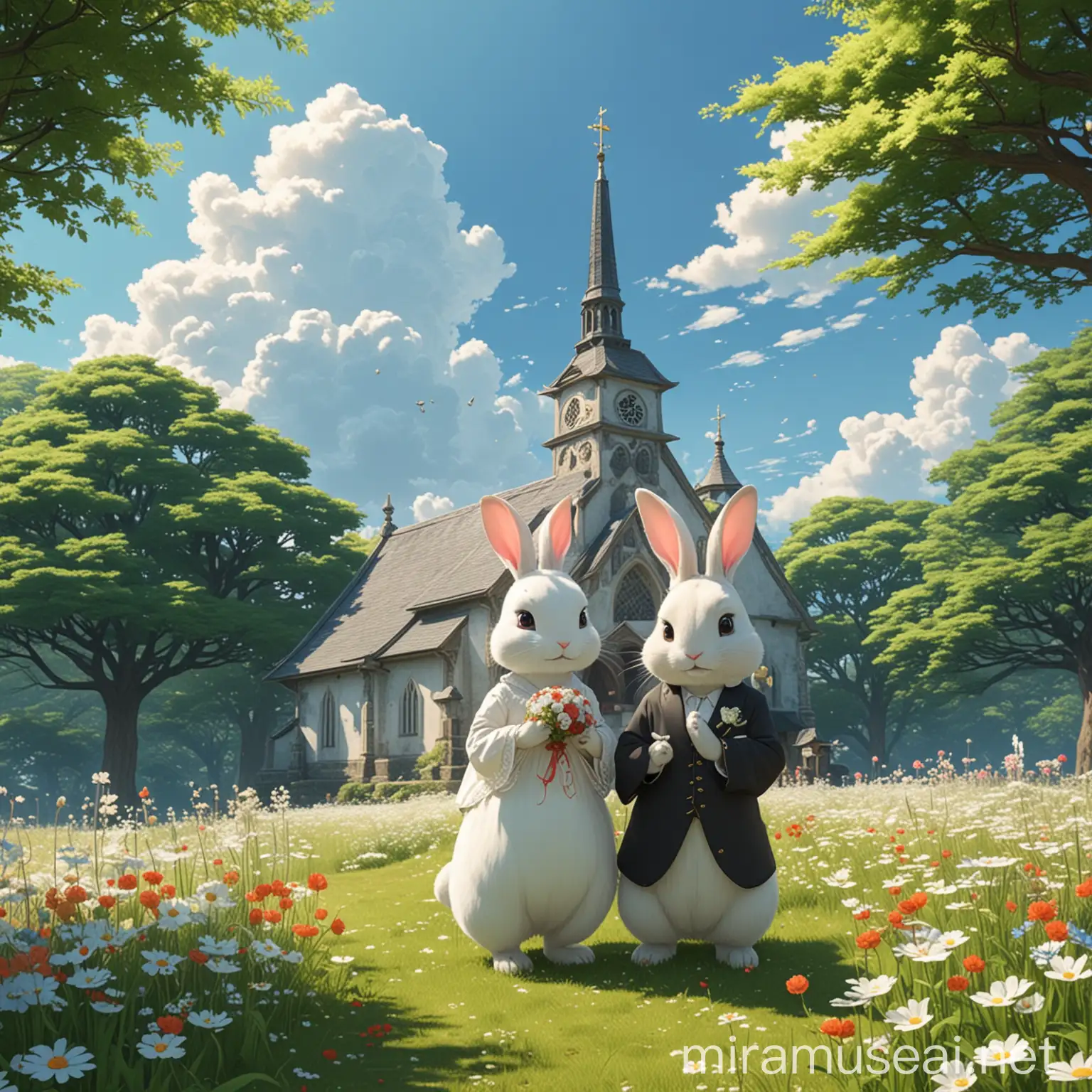 Bunny Wedding Ceremony in Japanese Animated Style Wallpaper