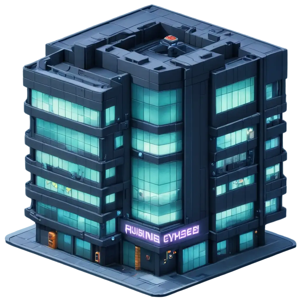 Anime-Style-Cyberpunk-Building-Isometric-PNG-Futuristic-Urban-Landscape-Illustration