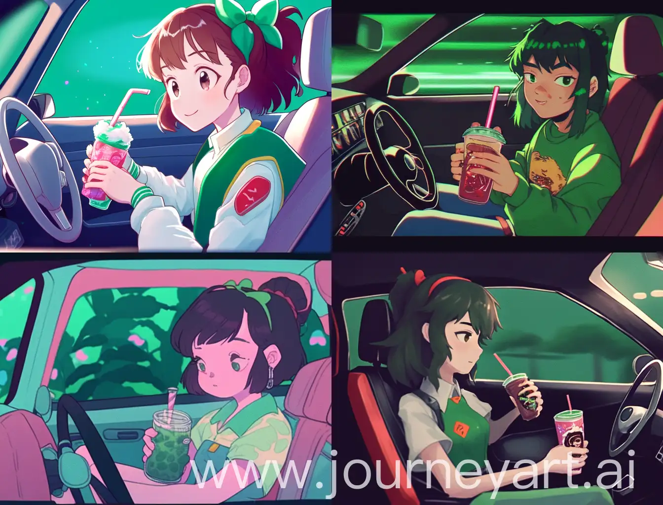  girl sitting in green car holding boba