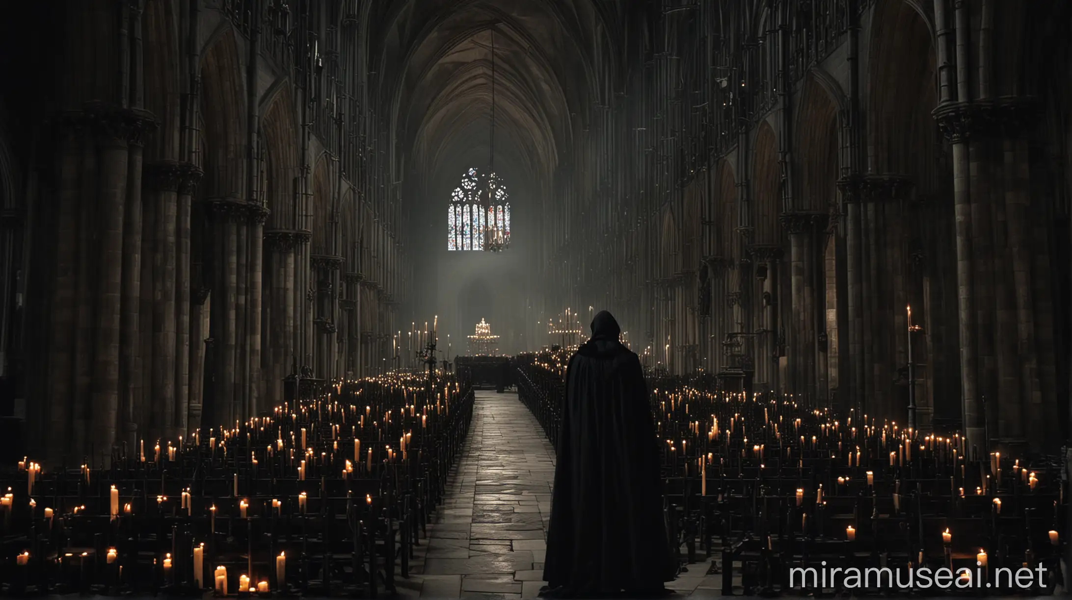 Gothic Cathedral Interior with Candlelit Figures in Cloaks