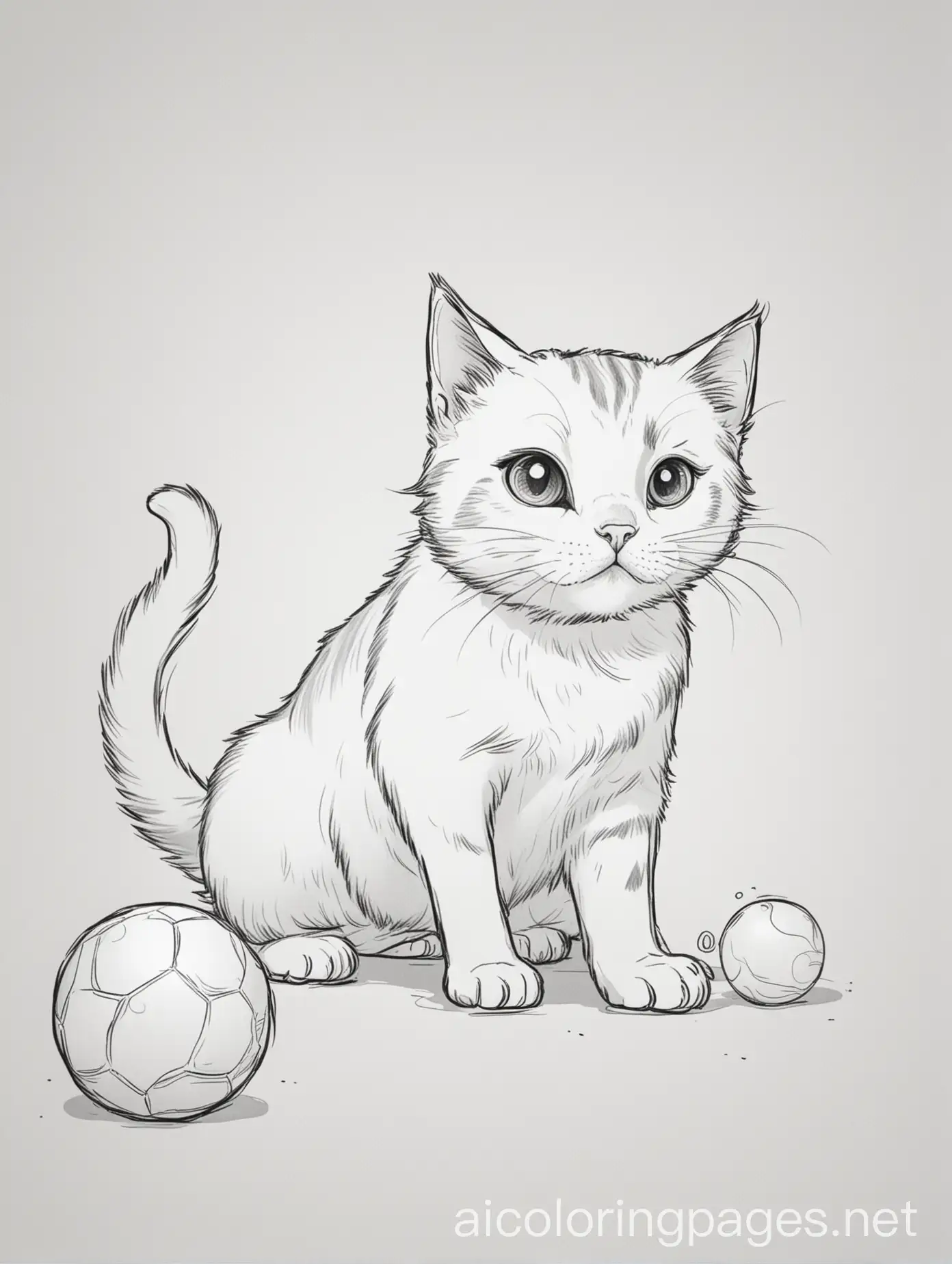 A cat playing with a ball, coloring page, black and white, 9:16 ratio, Coloring Page, black and white, line art, white background, Simplicity, Ample White Space.