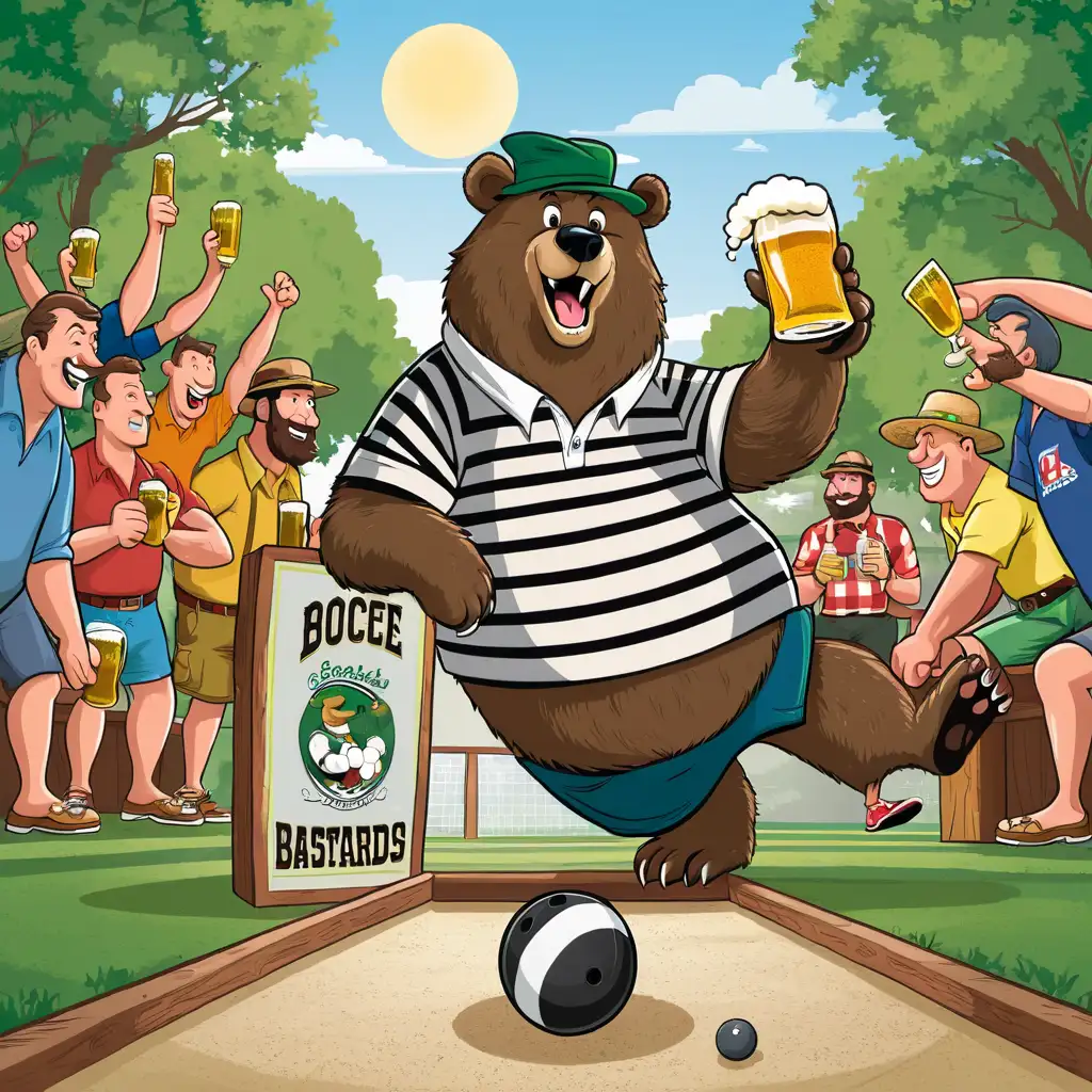 A bear playing Bocce, and drinking beer, text should say Bocce Bastards, cartoon style 
