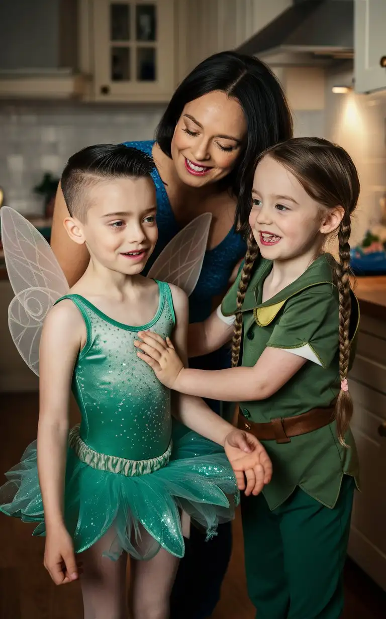 Gender role-reversal, Photograph of a mother dressing her young son, a cute boy with short smart hair shaved on the sides age 8, up in a shiny emerald Tinkerbell fairy leotard and tutu dress with wings, her young daughter, a girl with long hair in braids age 7, is wearing a Peter Pan suit, in a kitchen, adorable, perfect children faces, perfect faces, clear faces, perfect eyes, perfect noses, smooth skin