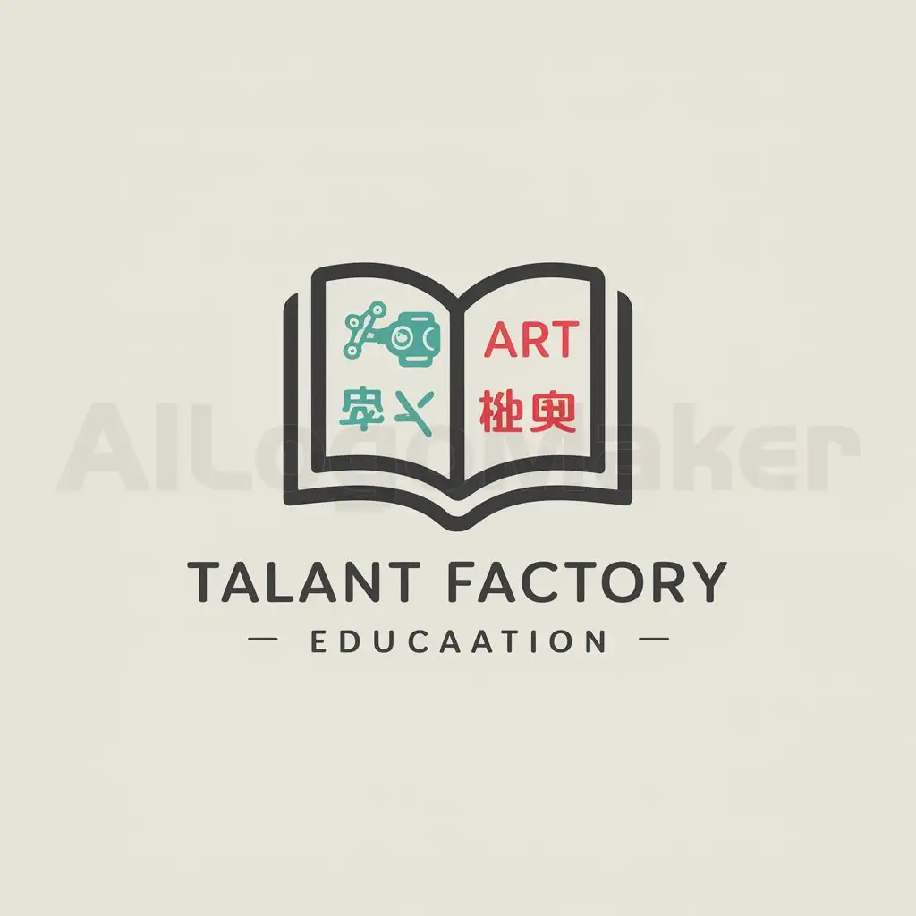 a logo design,with the text "talant factory", main symbol:Book with pages showing symbols representing areas of education such as robotics, art, and Chinese language,Moderate,be used in Education industry,clear background