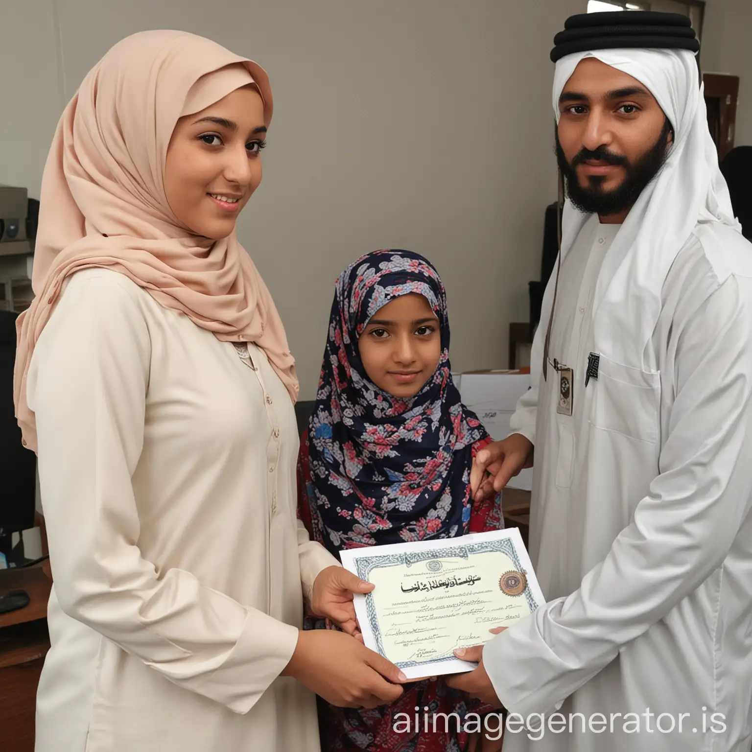a young muslim girl getting her certificate from teacher