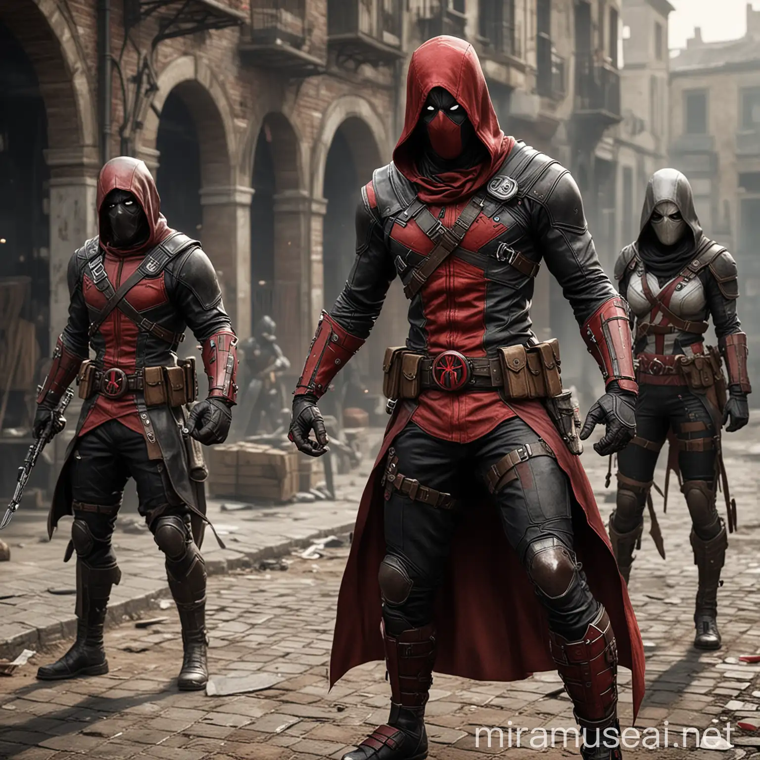 Create a character that combines elements of Assassin's Creed and Deadpool, featuring a sleek metallic suit. The suit should incorporate the iconic hood and stealthy, historical design of Assassin's Creed, combined with the red and black color scheme and mask of Deadpool. Include armor plates and tactical gear with a futuristic metallic sheen. The character should be in an action pose, possibly leaping or preparing for combat. In the background, include the Avengers, but reimagined in Assassin's Creed style with hoods, cloaks, and historical attire, all while maintaining elements of their original costumes. The setting should blend urban and historical environments.
