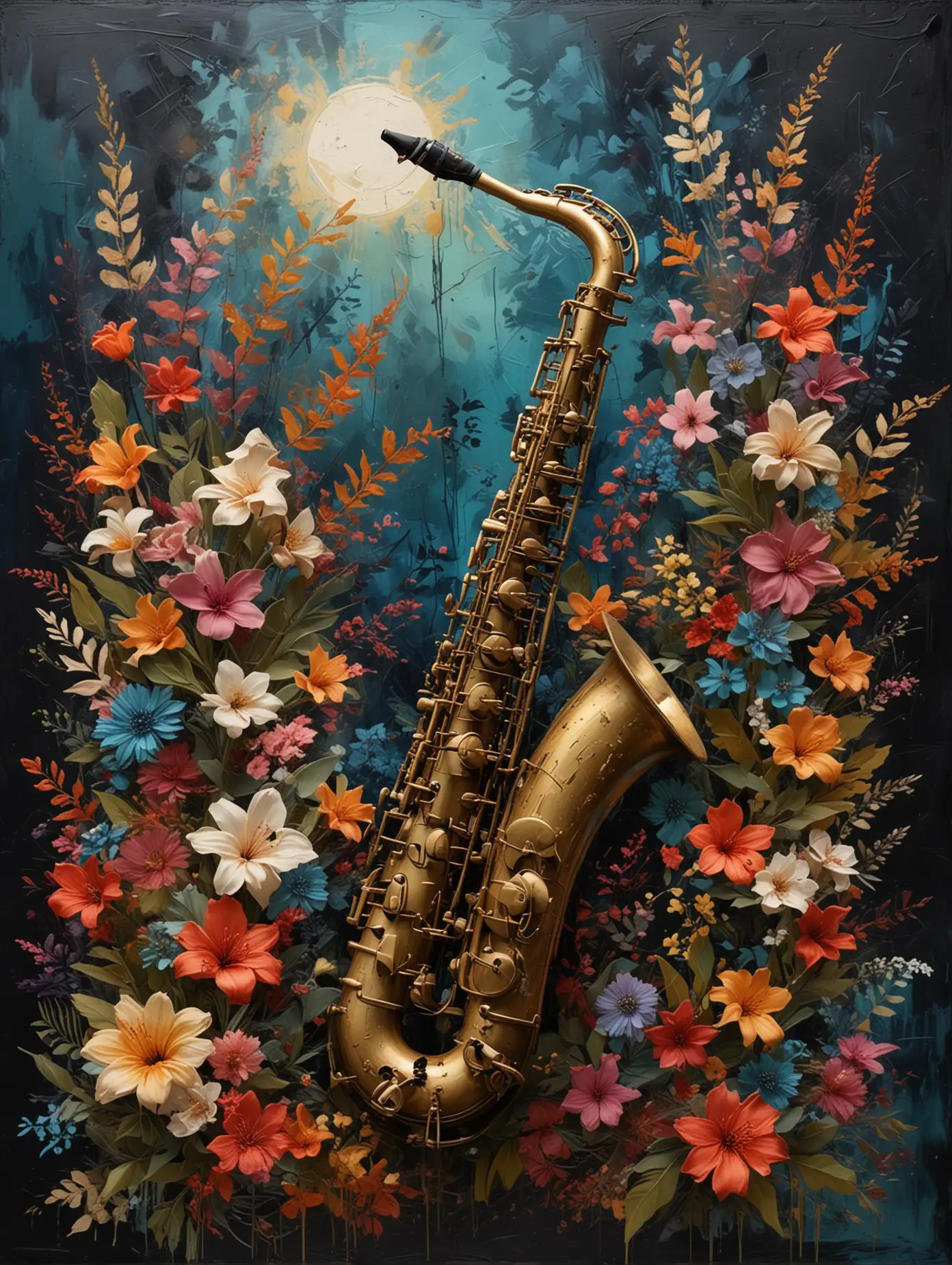 A modern art piece featuring stylized summer night and flowers and Lots and lots of saxophones, wabi-sabi style, in Japandi colors and abstract design, colorful background