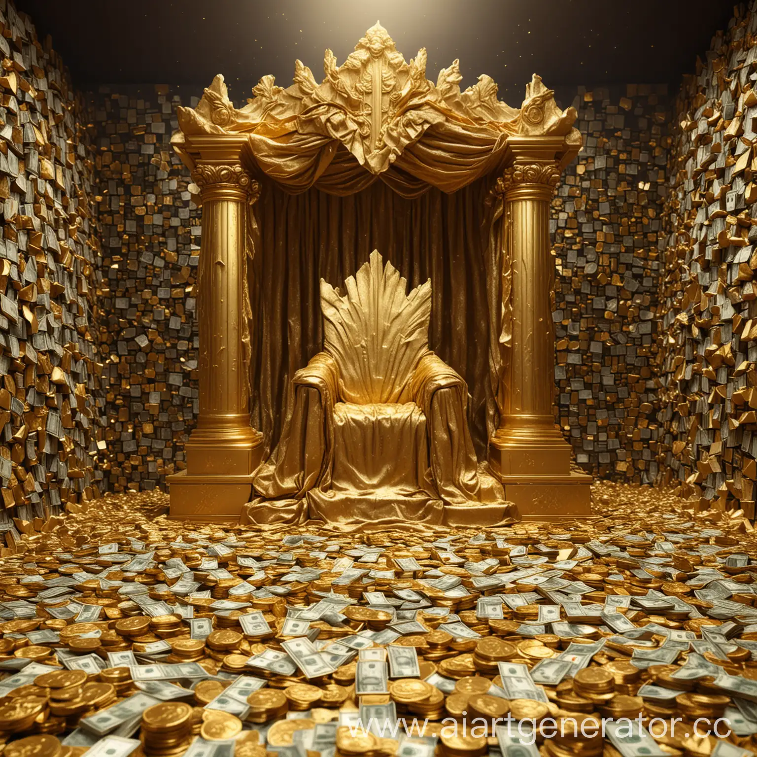 Luxurious-Golden-Throne-Surrounded-by-Mountains-of-Money-and-Gold