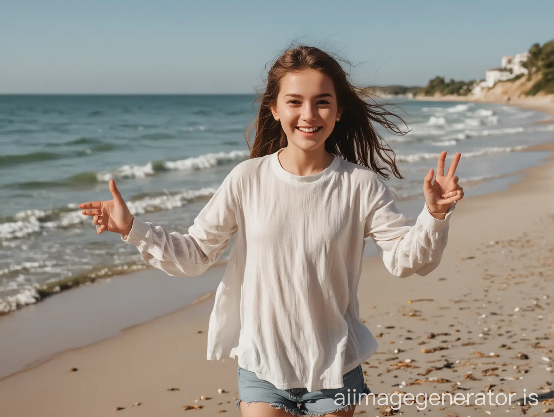 Girl with the same face taking a walk on the beach, looking happy and waving to the camera
