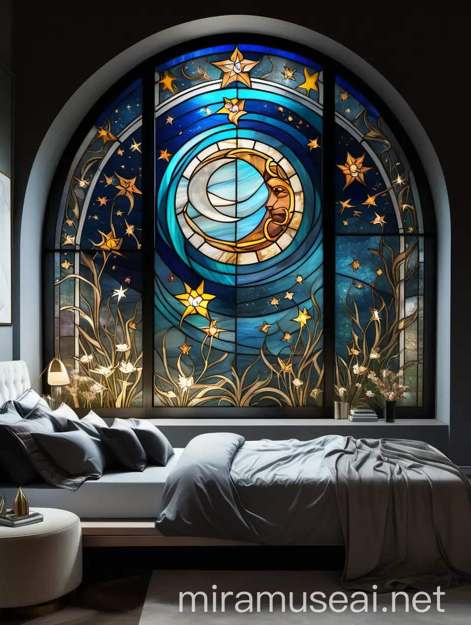 витраж тиффани на большом панорамном окне в спальне из цветного стекла тиффани с изображением космоса, луны и звезд, в абстрактном стиле 