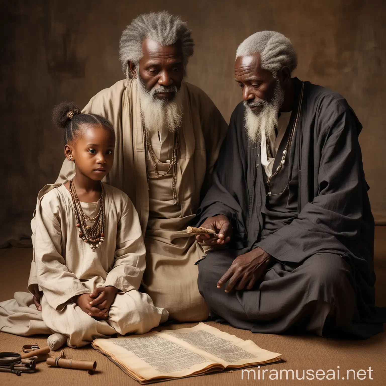 An old African  sage wearing long garments sitting with his black granddaughter,  little african girl has hair, old man with greying beards, Africans, studying the old scrolls