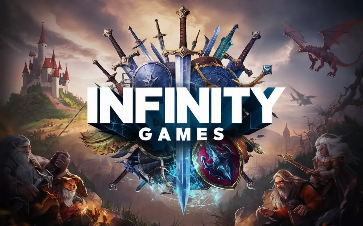 mmo rpg Fantasy like logo that contains the title 'Infinity Games'