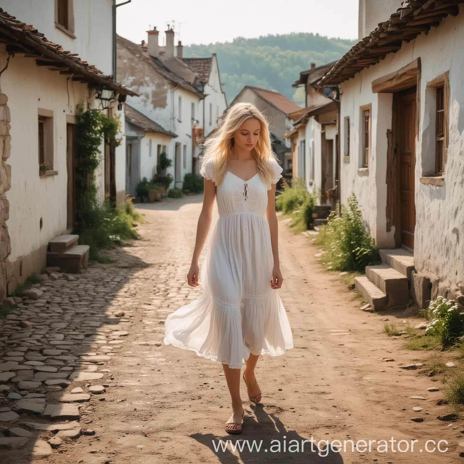 молодая блондинка в белом платье идет по деревне