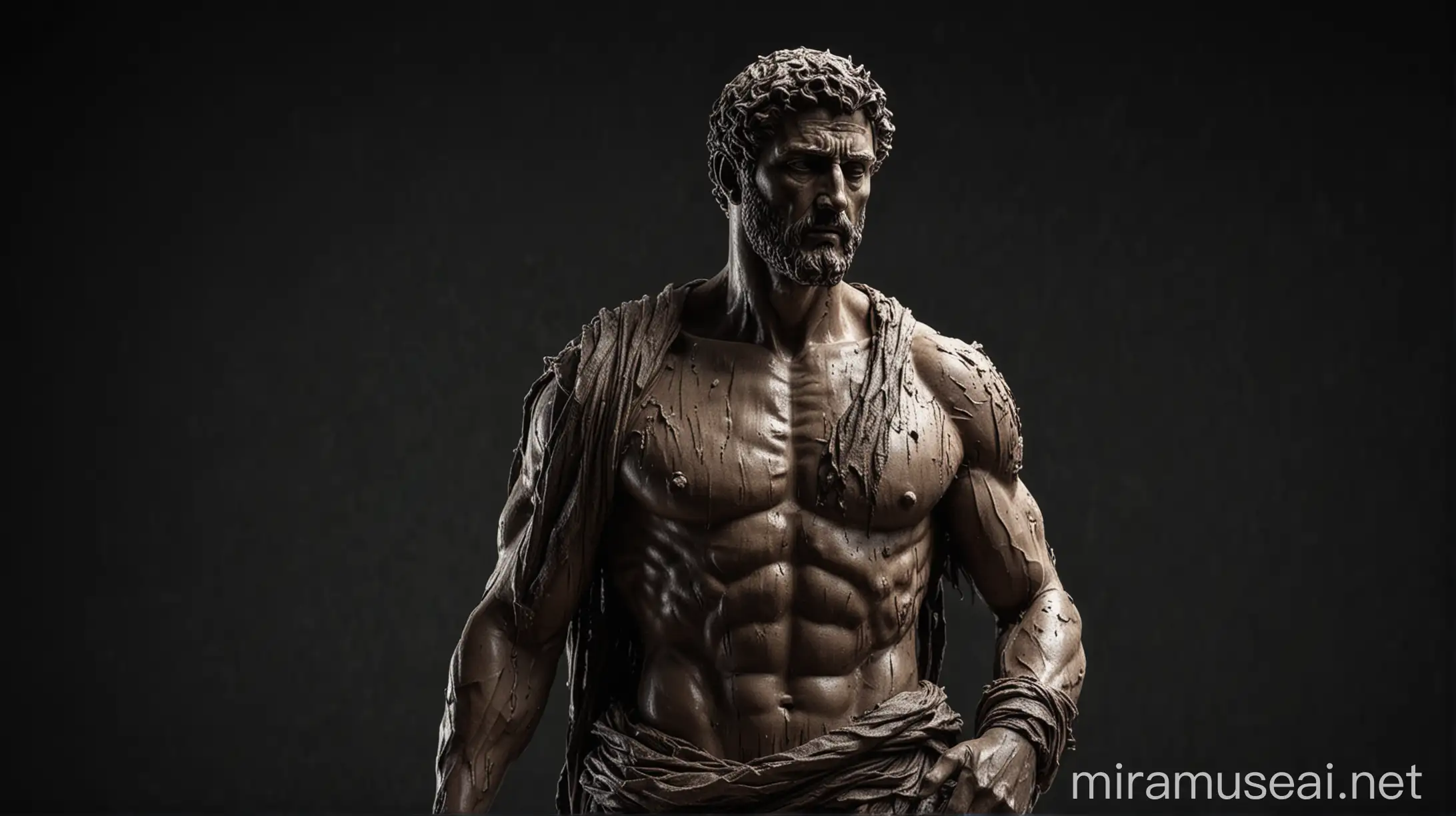 Stoic man statue, strong shredded body, dynamic lighting against  a dark background, stoicism era time concept statue image 