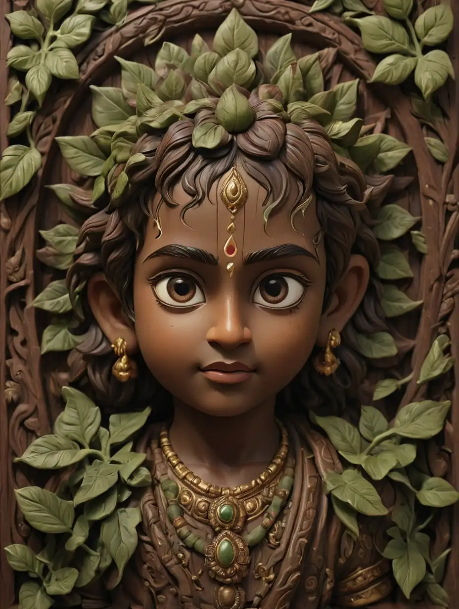 Photo of child Krishna's face carved on dark brown matt finish wood, intricate, highly detailed, green creepers around, natural look, subtle colours, dramatic illumination, 4k