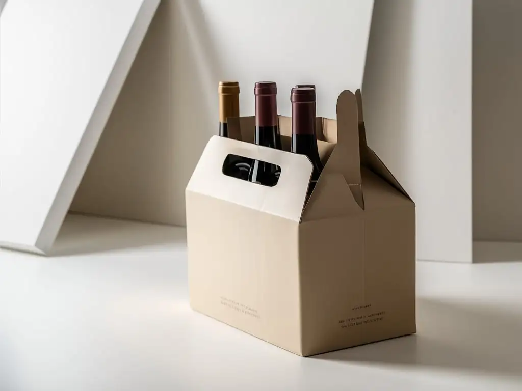 clean beige cardboard box for wine bottles, without inscriptions or advertising, white background around, photo