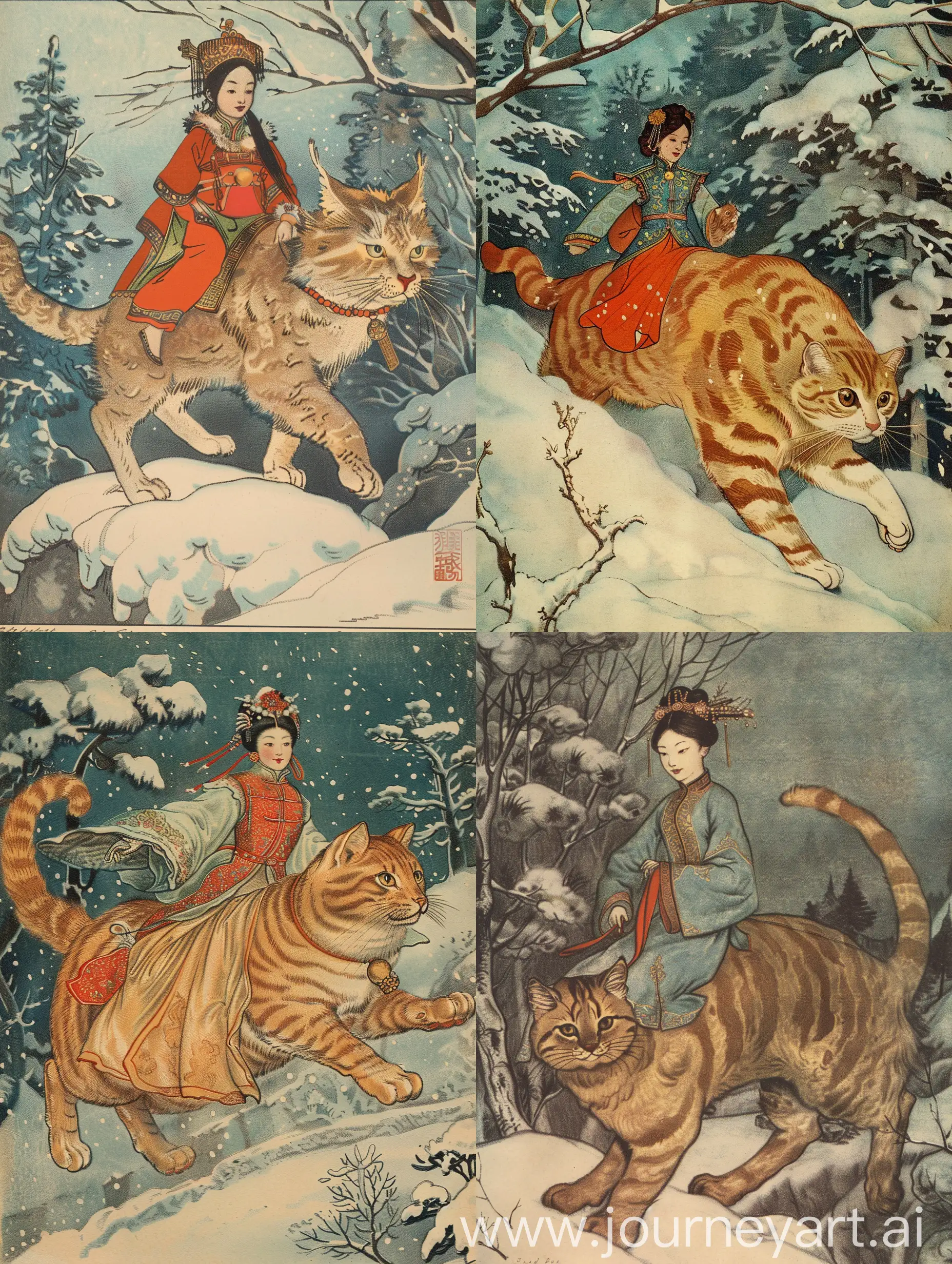 mandarin princess riding a giant cat in winter by Edmund Dulac