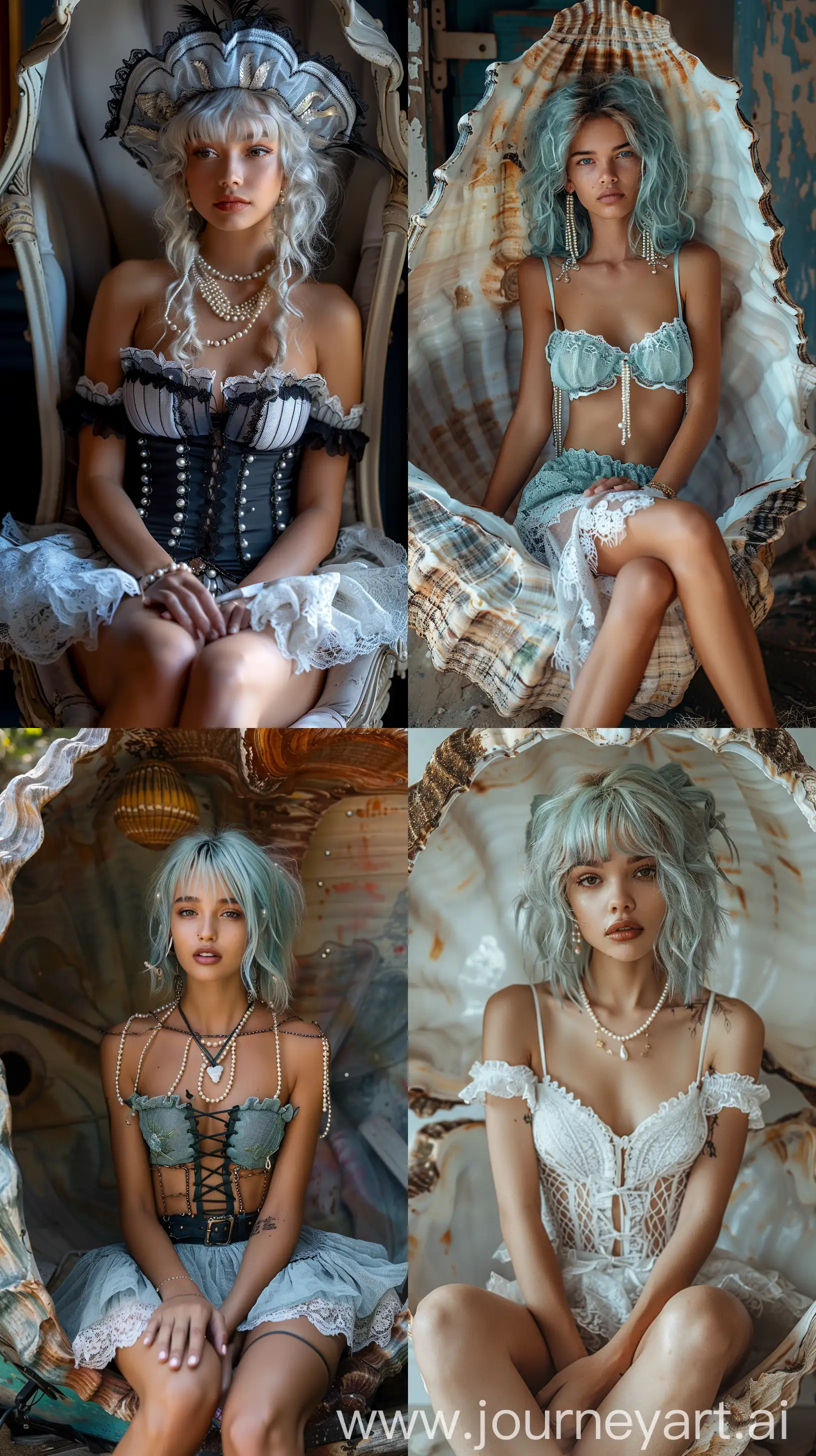 A professional photo for a fashion magazine. A model with an unusual appearance. The blue hair top with a corset is decorated with strings of pearls. The skirt is made of lace. Pearl earrings. Sitting in a huge shell. Mother of pearl. Realism —chaos 20 —ar 9:16 —stylize 500 —v 6.0