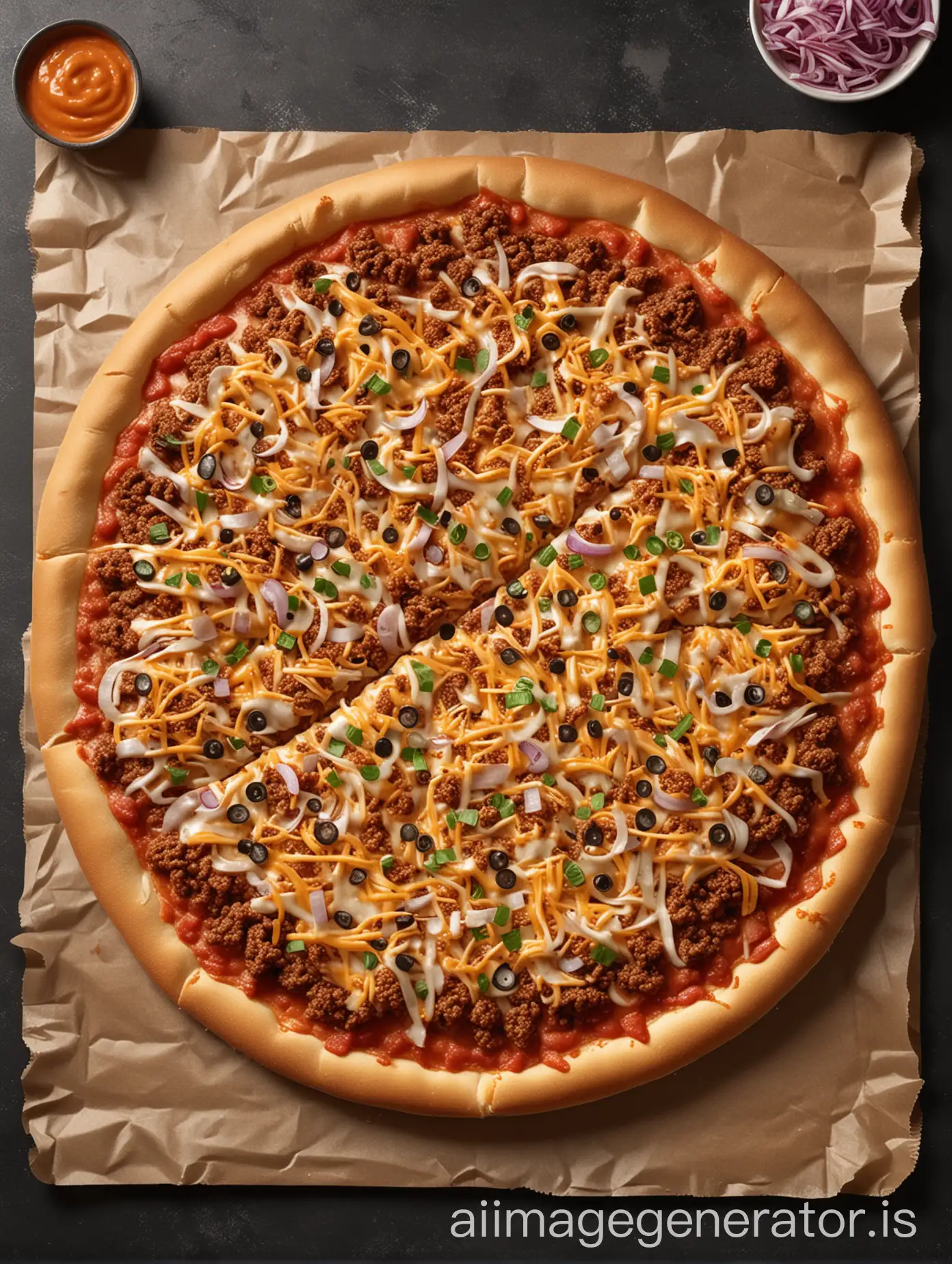 Create an marketing poster of a KFC Burger Pan Pizza which contains Base: Pizza Dough Toppings: Ground Beef, Chopped Tomatoes, Chopped Onions, Pickle Slices, Shredded Lettuce, and Shredded Cheddar Cheese Sauce: Light layer of kfc sauce is on bottom, and can choose any of the sauces available. 8k, realistic, professional photo for marketing