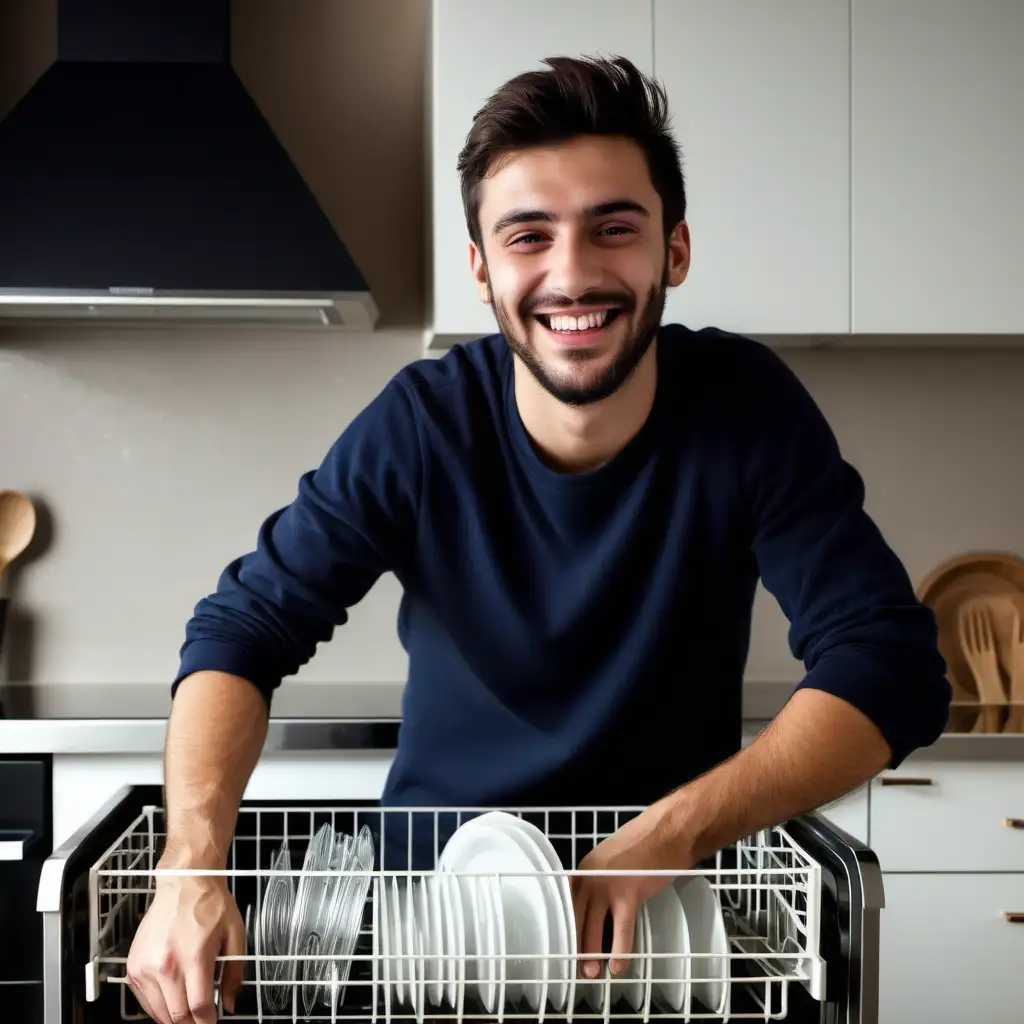 Mann aus Italien, brunett, 24 Jahre, räumt saubere Gläser aus seinem  Geschirrspülautomat in seiner luxuriösen Landhaus-Küche, lächelt. Positive stimmung